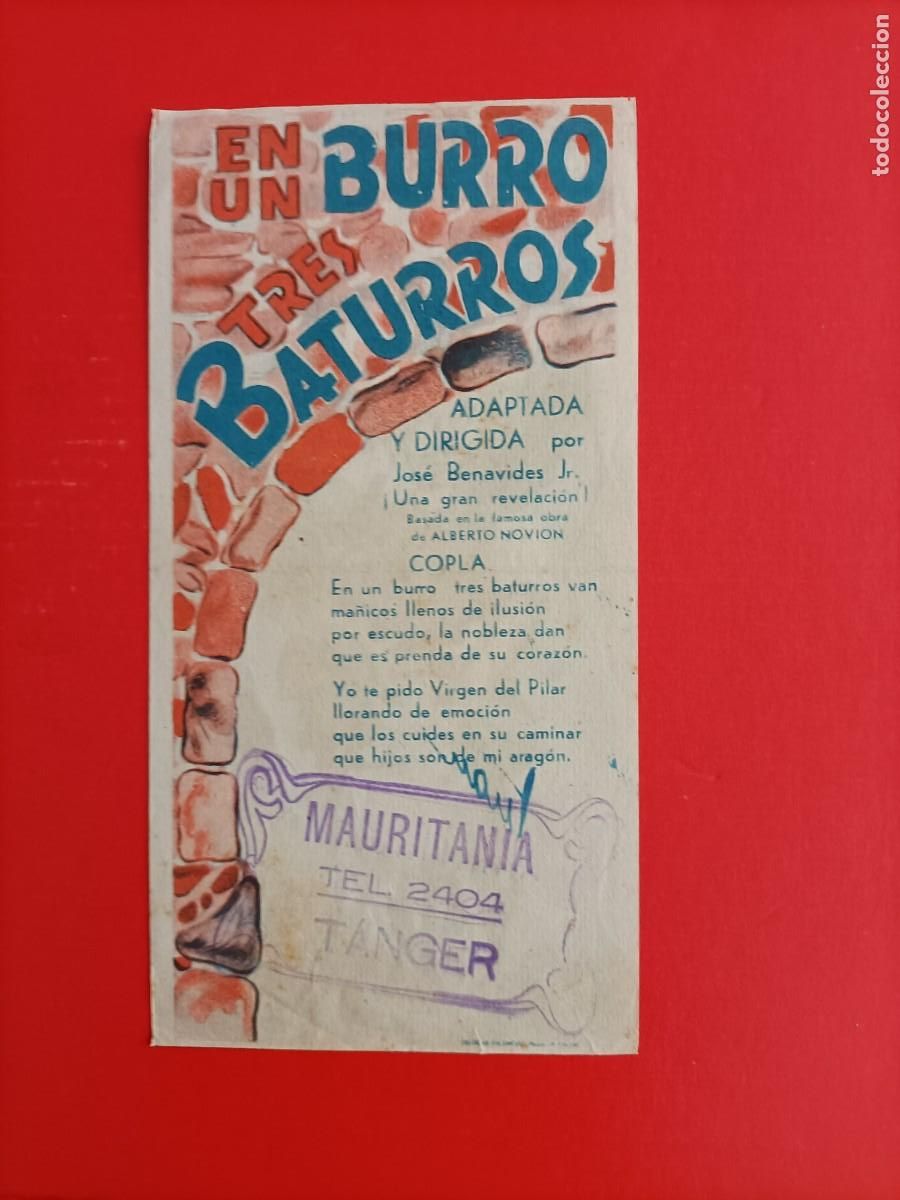 Cine: EN UN BURRO TRES BATURROS. C/P. CINE MAURITANIA T&Aacute;NGER. PERFECTO ESTADO.