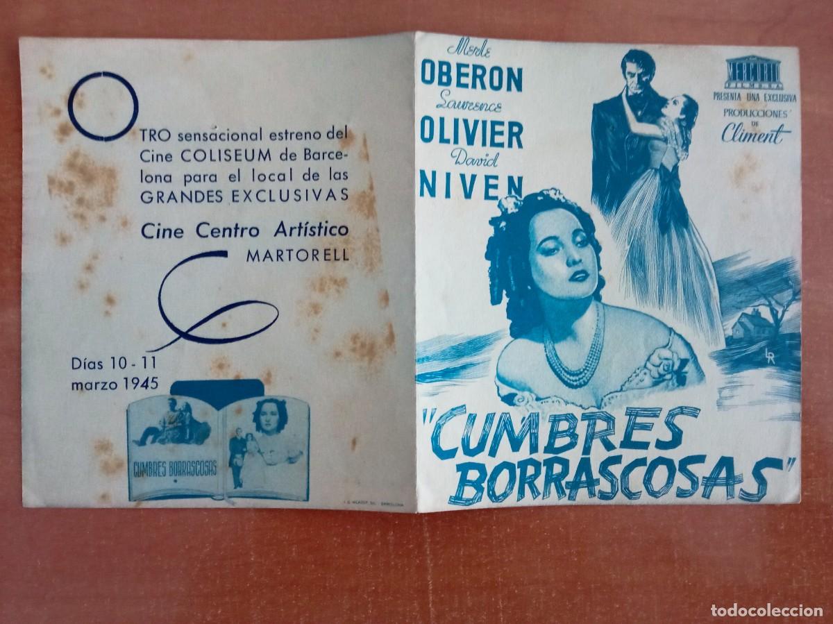 Folhetos de m&atilde;o de filmes antigos de cinema: CUMBRES BORRASCOSAS, MERLE OBERON, CINE CENTRO ART&Iacute;STICO, MARTORELL