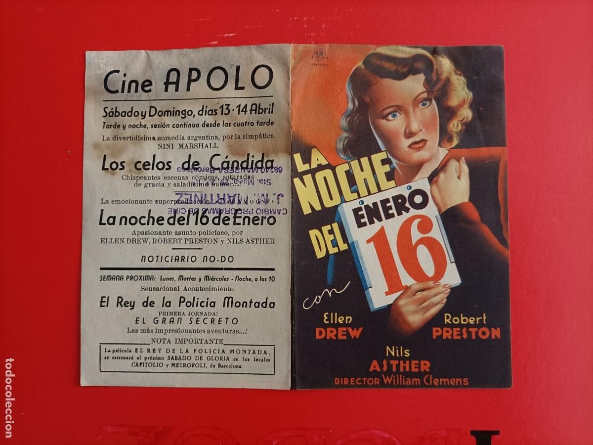 Cine: LA NOCHE DEL 16 DE ENERO. C/P. CINE APOLO, ROBERT PRESTON. ES DOBLE.
