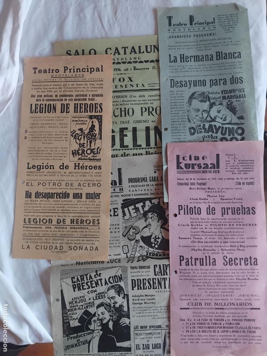 Cine: CINCO PROGRAMAS DE CINE LOCALES DE MONTBLANCH. A&Ntilde;OS 1936, 1941, 1942 1943 Y 1944.
