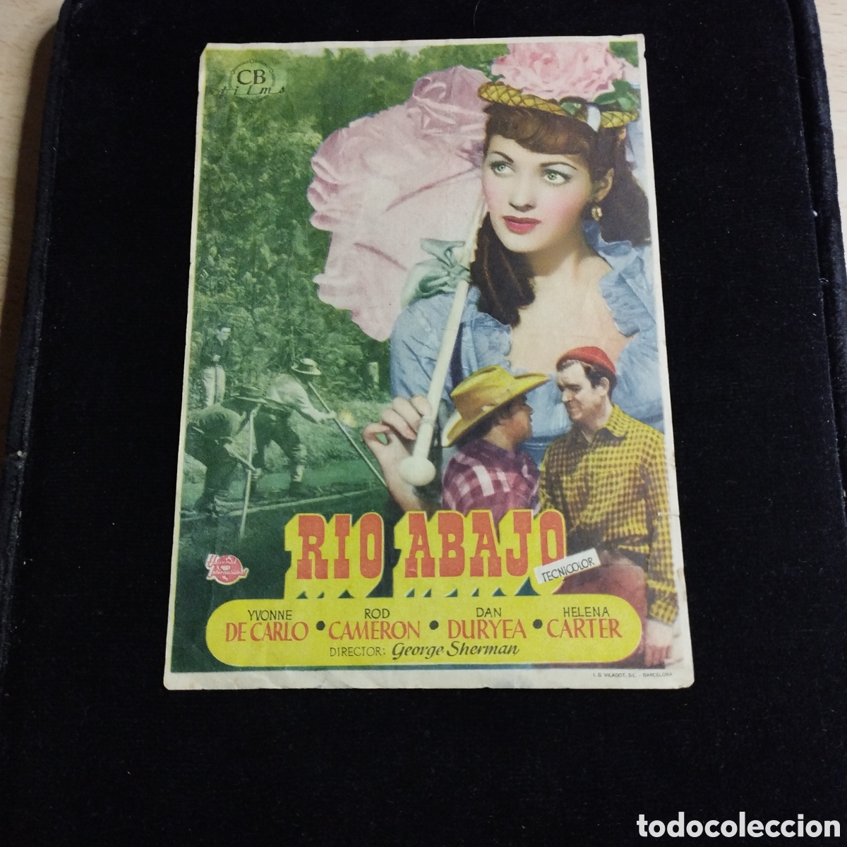 Cine: Programa de cine, sencillo, grande. R&iacute;o Abajo. Yvonne de Carlo. Rod Cameron. 1949. Domenech Rub&iacute;