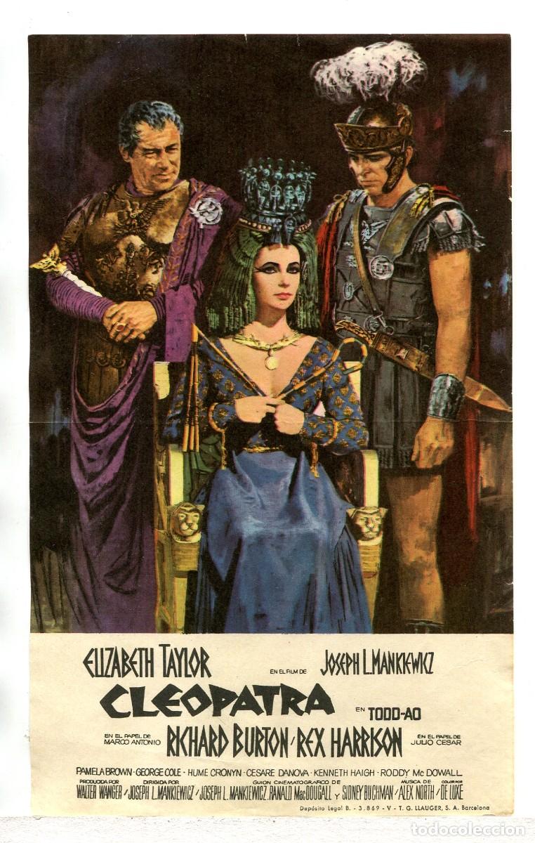 Folhetos de m&atilde;o de filmes antigos de cinema: CLEOPATRA, con Elizabeth Taylor. 13,5 x 21,5 cms.