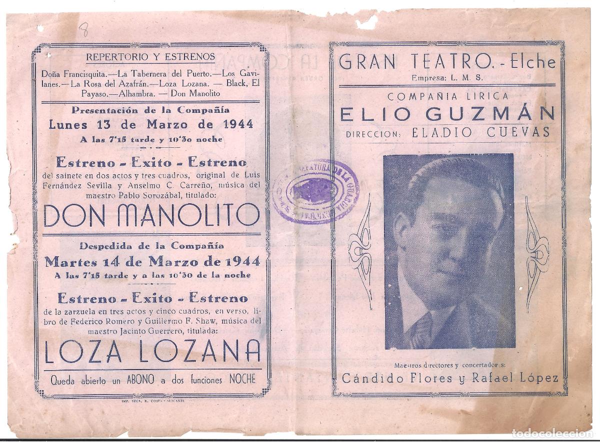  Foglietti di film di film antichi di cinema: PTCC 550 COMPA&Ntilde;IA LIRICA ELIO GUZMAN ZARZUELA PROGRAMA DOBLE GRAN TEATRO ELCHE 1944