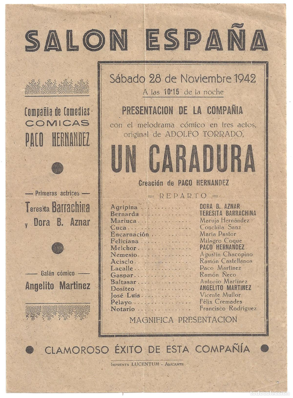  Foglietti di film di film antichi di cinema: PTCC 550 COMPA&Ntilde;IA DE COMEDIAS PACO HERNANDEZ PROGRAMA SENCILLO SALON ESPA&Ntilde;A ALICANTE 1942