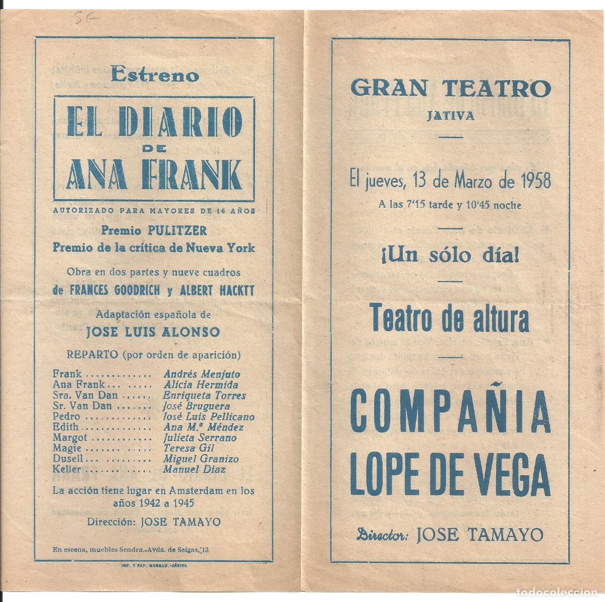  Foglietti di film di film antichi di cinema: PTCC 550 COMPA&Ntilde;IA LOPE DE VEGA PROGRAMA DOBLE GRAN TEATRO JATIVA 1958