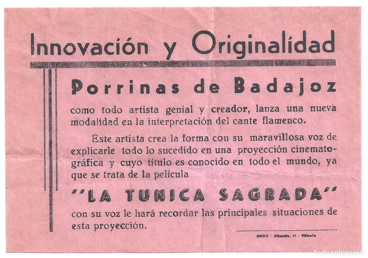  Foglietti di film di film antichi di cinema: PTCC 550 PORRINAS DE BADAJOZ LA TUNICA SAGRADA PROGRAMA SENCILLO