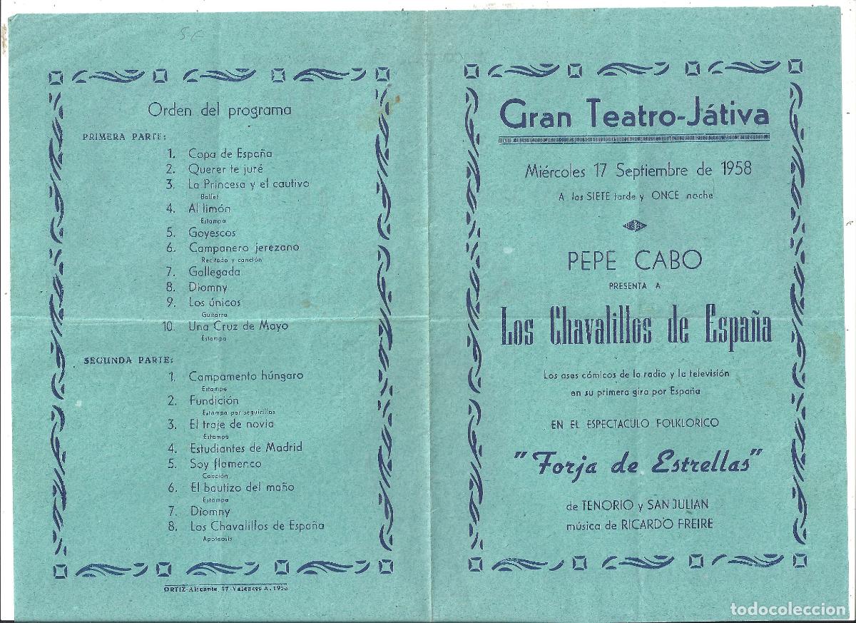  Foglietti di film di film antichi di cinema: PTCC 550 FORJA DE ESTRELLAS PEPE CABO PROGRAMA DOBLE GRAN TEATRO JATIVA 1958