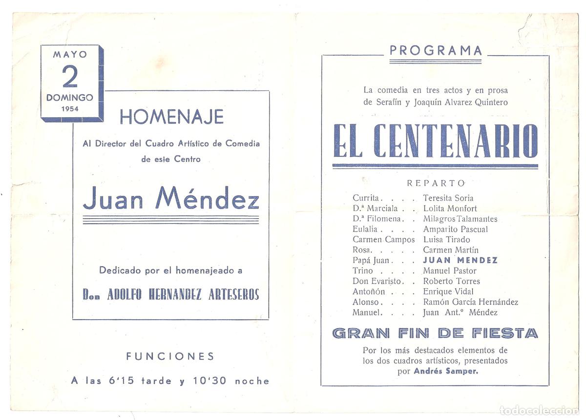 Cine: PTCC 550 EL CENTENARIO PROGRAMA DOBLE TEATRO CENTRO CULTURAL RUZAFA 1954 - Foto 2