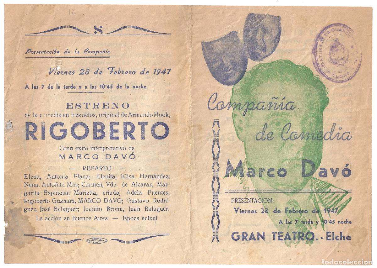 Foglietti di film di film antichi di cinema: PTCC 550 MARCO DAVO PROGRAMA DOBLE GRAN TEATRO ELCHE 1947