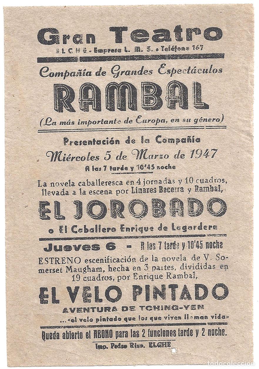  Foglietti di film di film antichi di cinema: PTCC 550 COMPA&Ntilde;IA RAMBAL PROGRAMA SENCILLO GRAN TEATRO ELCHE 1947