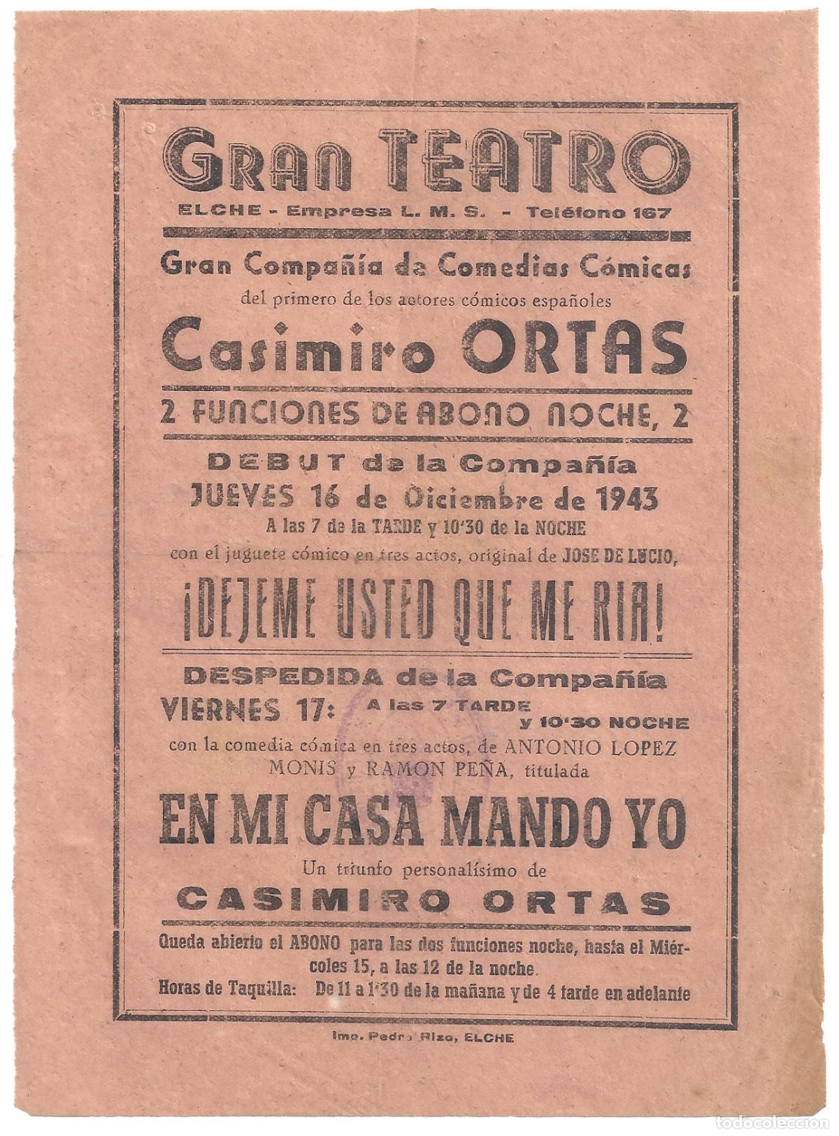 Cine: PTCC 550 COMPA&Ntilde;IA CASIMIRO ORTAS PROGRAMA SENCILLO GRAN TEATRO ELCHE 1943