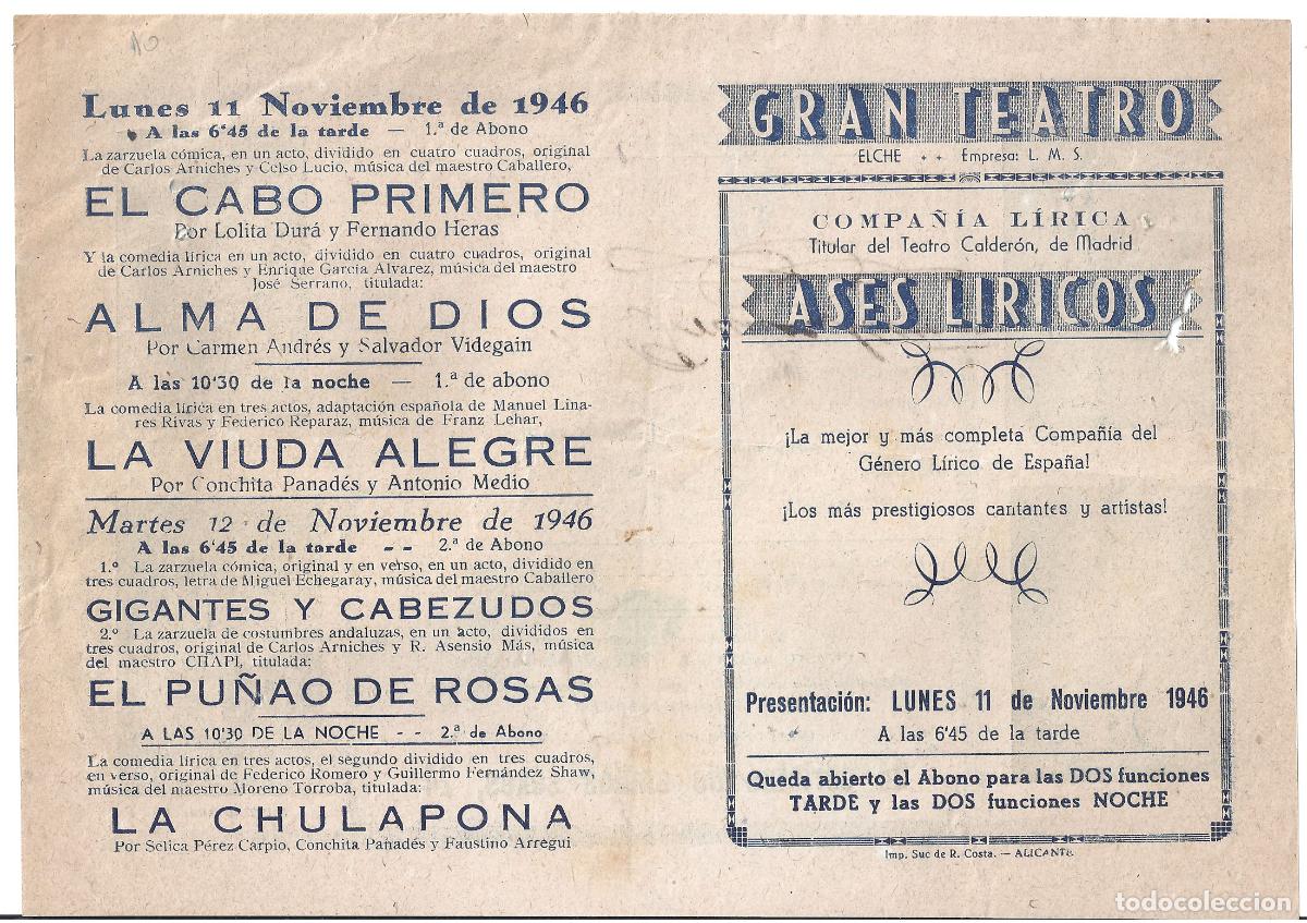 Cine: PTCC 550 ASES LIRICOS PROGRAMA DOBLE GRAN TEATRO ELCHE 1946