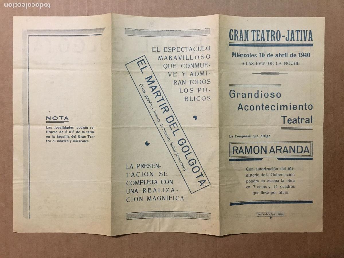 Cine: PTCC 550 COMPA&Ntilde;IA RAMON ARANDA EL MARTIR DEL GOLGOTA PROGRAMA TRIPTICO GRAN TEATRO JATIVA 1940