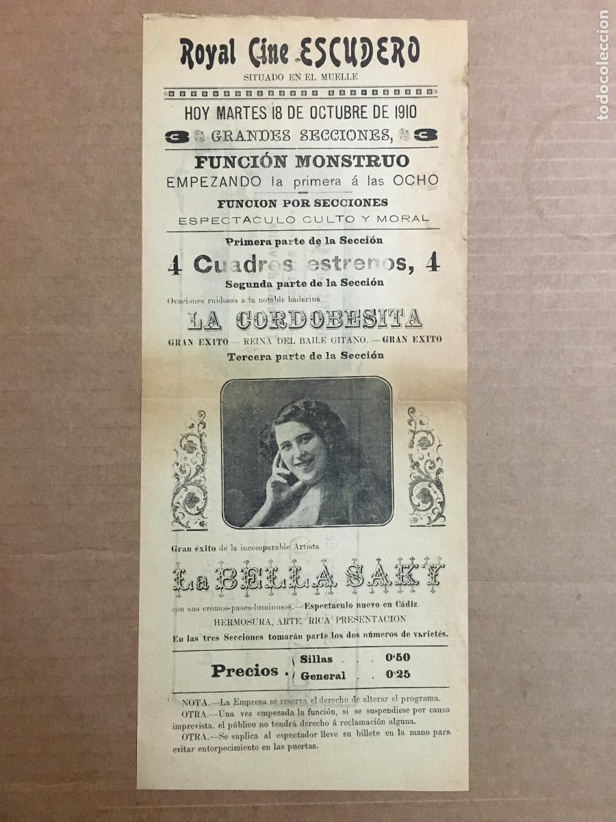 Cine: PTCC 550 LA CORDOBESITA LA BELLA SAKY PROGRAMA SENCILLO ROYAL CINE ESCUDERO 1910