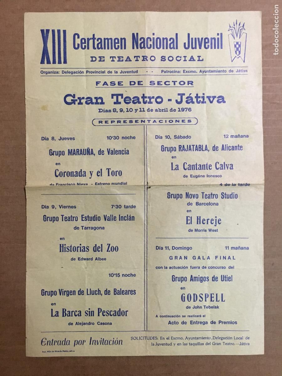 Cine: PTCC 550 XIII CERTAMEN NACIONAL JUVENIL TEATRO SOCIAL PROGRAMA SENCILLO GRAN TEATRO JATIVA 1976