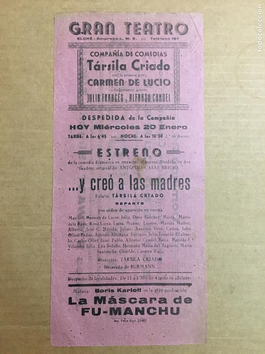 Cine: PTCC 550 COMPA&Ntilde;IA TARSILA CRIADO Y CREO A LAS MADRES PROGRAMA SENCILLO GRAN TEATRO ELCHE 1937