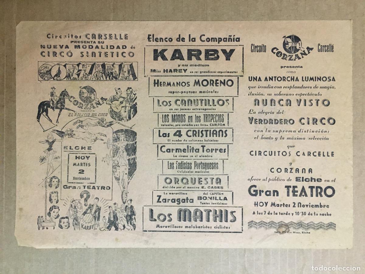 Cine: PTCC 550 CIRCUITO CARCELLE CIRCO CORZANA PROGRAMA SENCILLO GRAN TEATRO ELCHE 1942