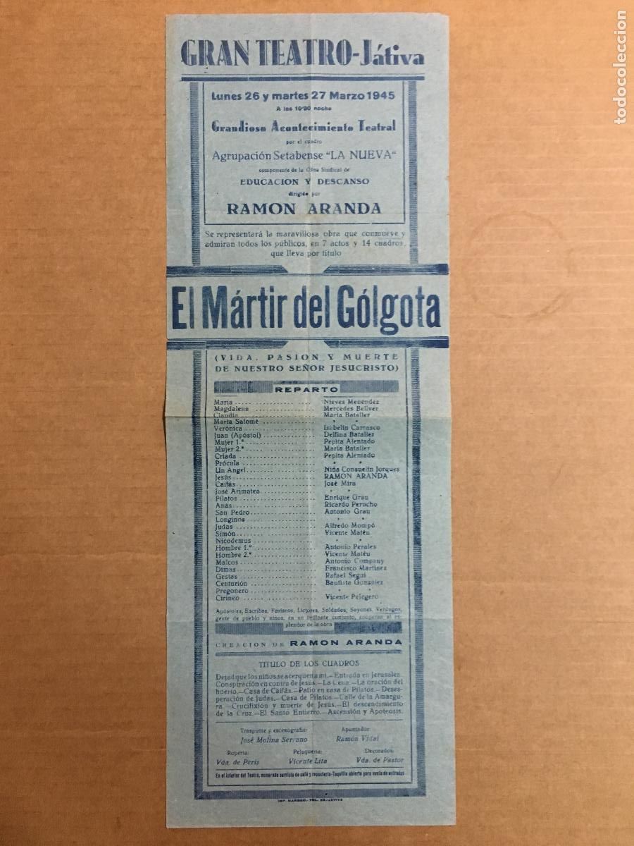 Cine: PTCC 550 COMPA&Ntilde;IA RAMON ARANDA EL MARTIR DEL GOLGOTA PROGRAMA SENCILLO GRAN TEATRO JATIVA 1945