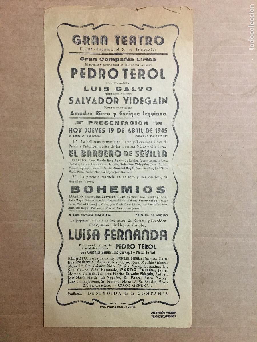 Cine: PTCC 550 COMPA&Ntilde;IA PEDRO TEROL PROGRAMA SENCILLO GRAN TEATRO ELCHE 1945