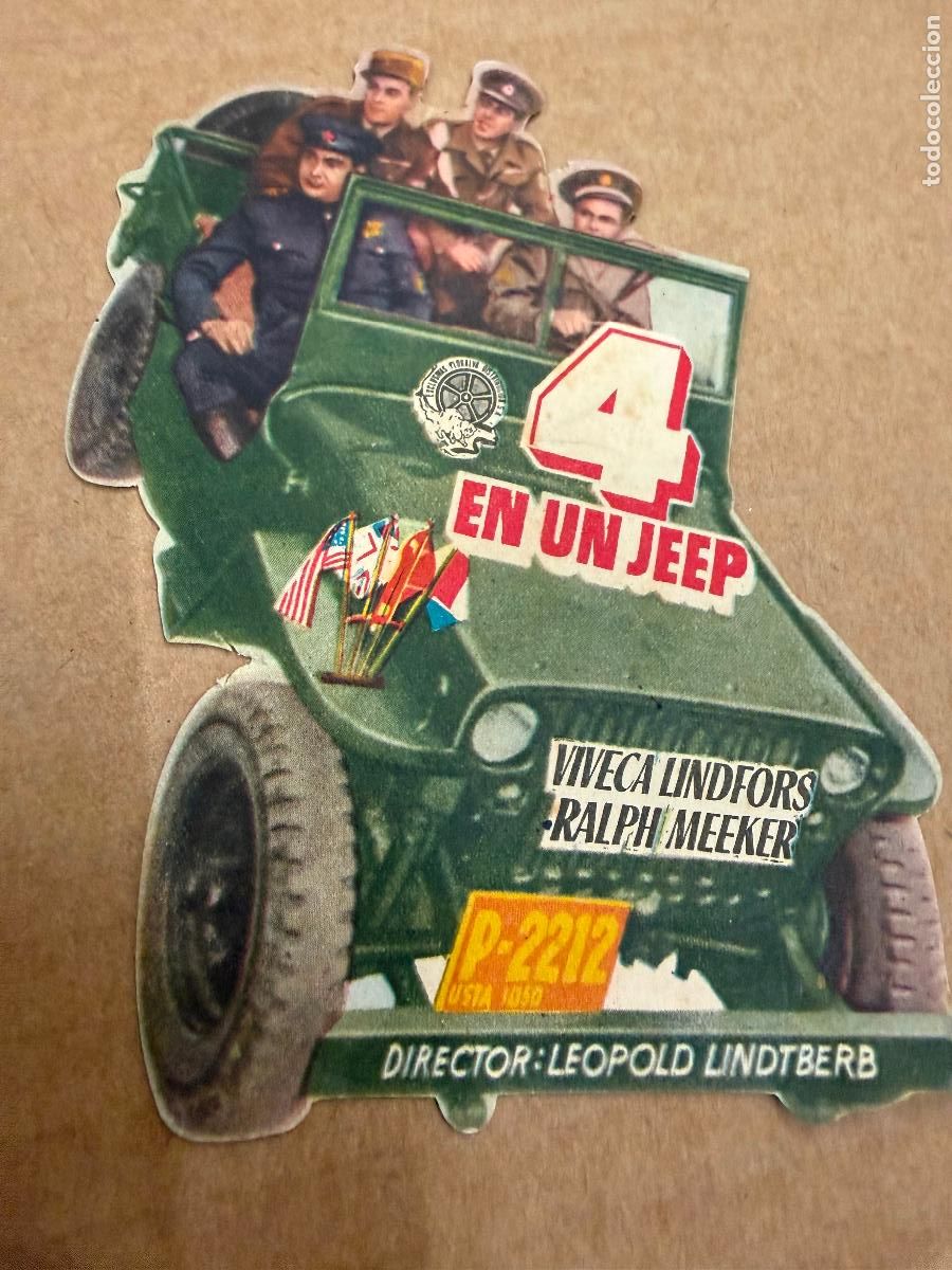 Kino: 4 en un Jeep. Mide unos 11x8cms. Antiguo programa de cine troquelado.