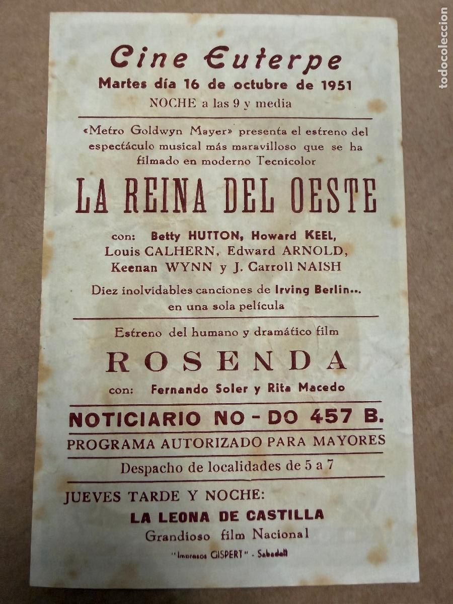Cine: LA REINA DEL OESTE. . Mide unos 13x8cms. Antiguo programa de cine - Foto 2
