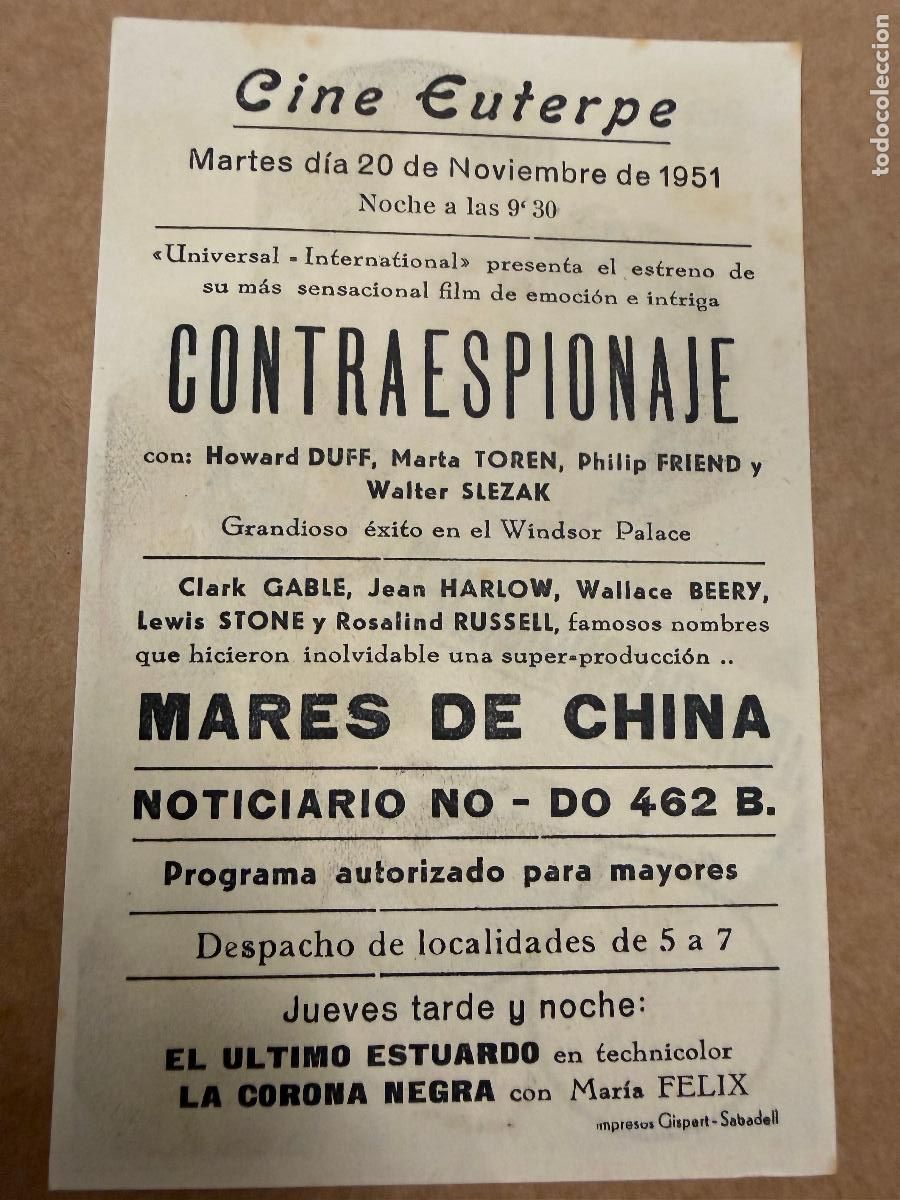 Cine: CONTRAESPIONAJE . Mide unos 13x8cms. Antiguo programa de cine - Foto 2
