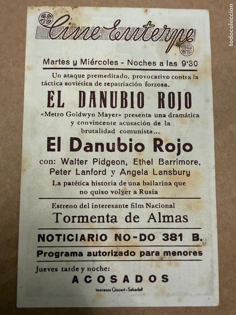 Cine: EL DANUBIO ROJO. Mide unos 13x8cms. Antiguo programa de cine - Foto 2