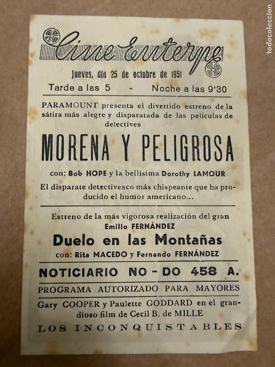 Cine: MORENA Y PELIGROSA. Mide unos 13x8cms. Antiguo programa de cine - Foto 2