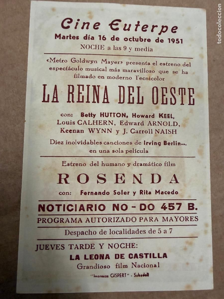 Cine: LA REINA DEL OESTE. Mide unos 13x8cms. Antiguo programa de cine - Foto 2