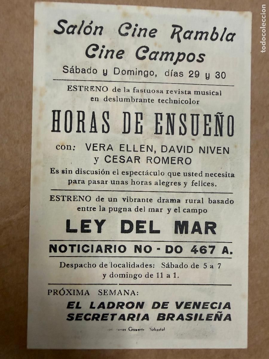 Cine: HORAS DE SUE&Ntilde;O. Mide unos 13x8cms. Antiguo programa de cine - Foto 2
