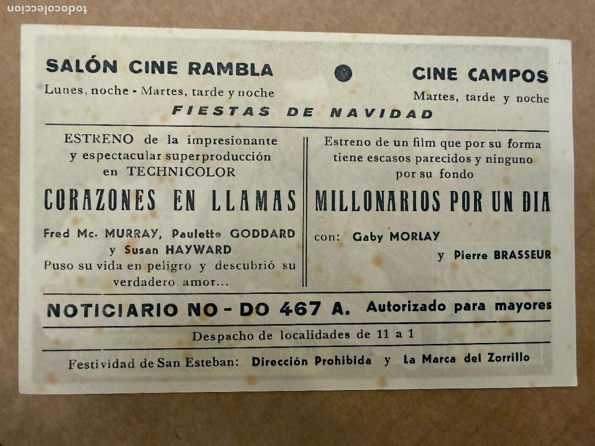 Cine: CORAZONES EN LLAMAS. Mide unos 13x8cms. Antiguo programa de cine - Foto 2