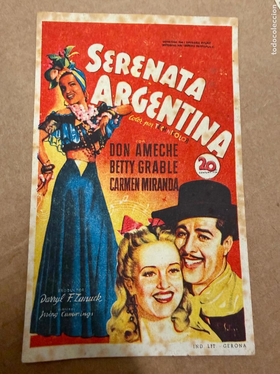  Foglietti di film di film antichi di cinema: SERENATA ARGENTINA. Mide unos 13x8cms. Antiguo programa de cine