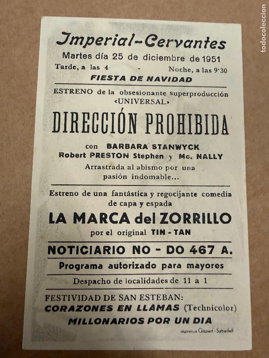 Cine: DIRECCION PROHIBIDA. Mide unos 13x8cms. Antiguo programa de cine - Foto 2