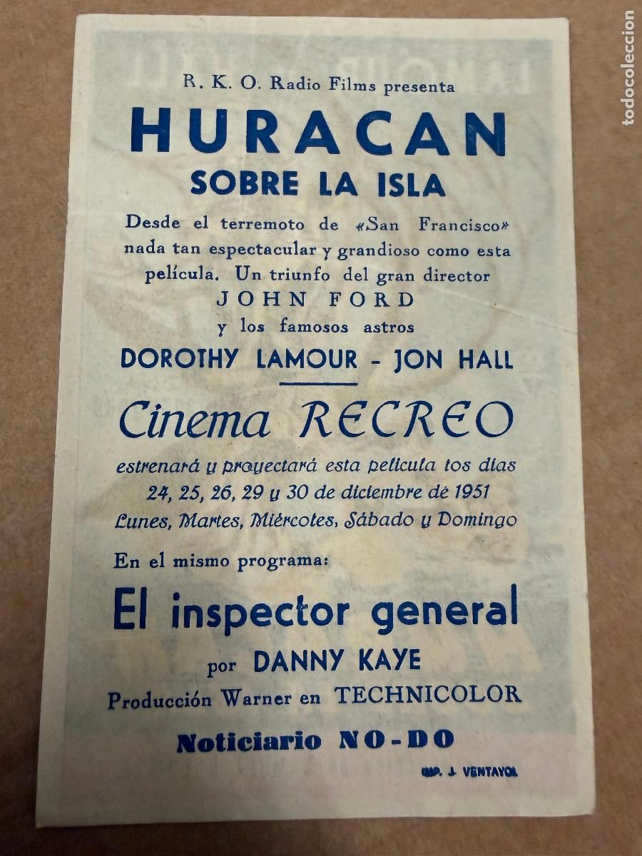 Cine: HURACAN SOBRE LA ISLA. Mide unos 13x8cms. Antiguo programa de cine - Foto 2