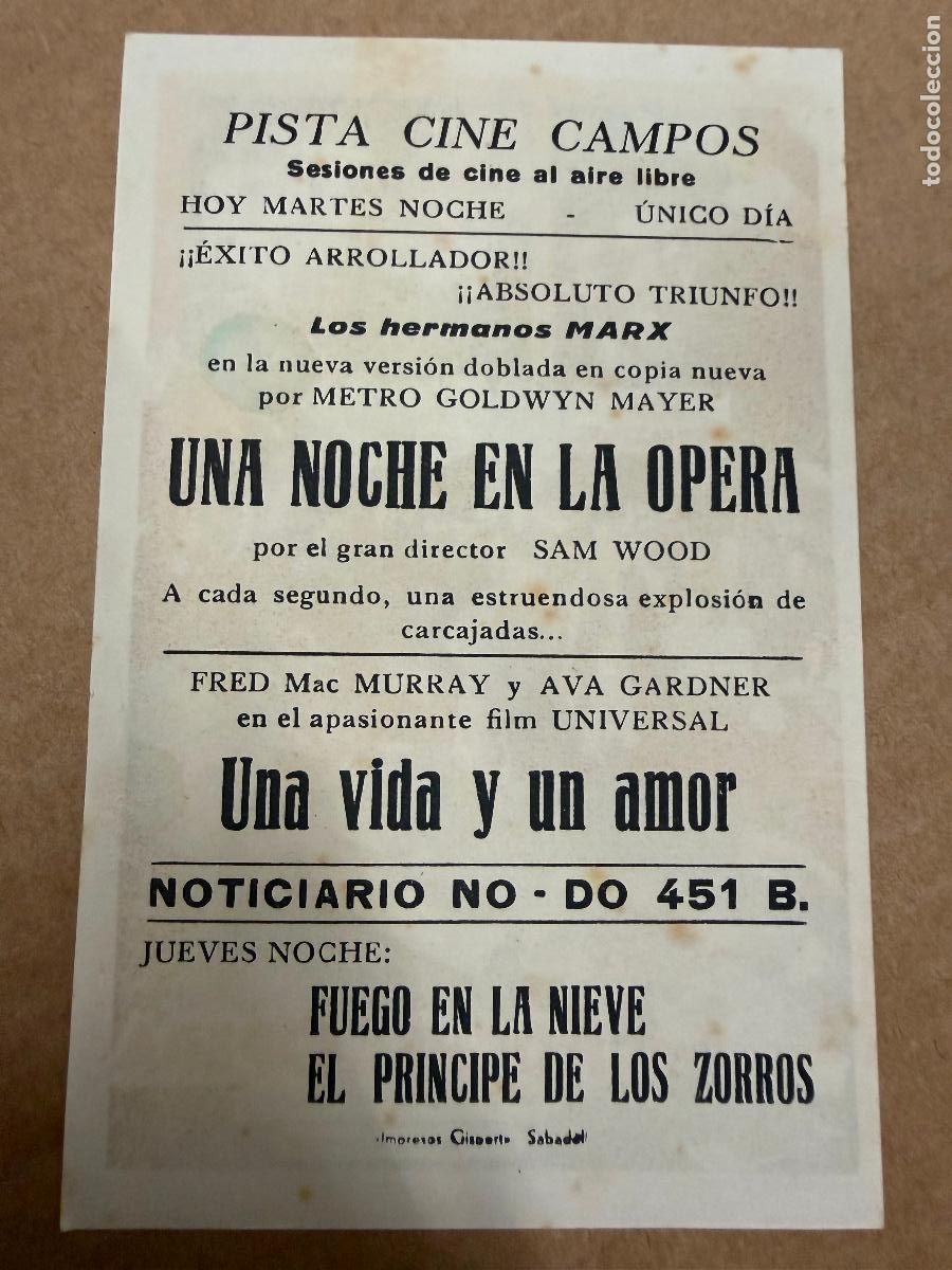 Cine: UNA NOCHE EN LA OPERA. Mide unos 13x8cms. Antiguo programa de cine - Foto 2