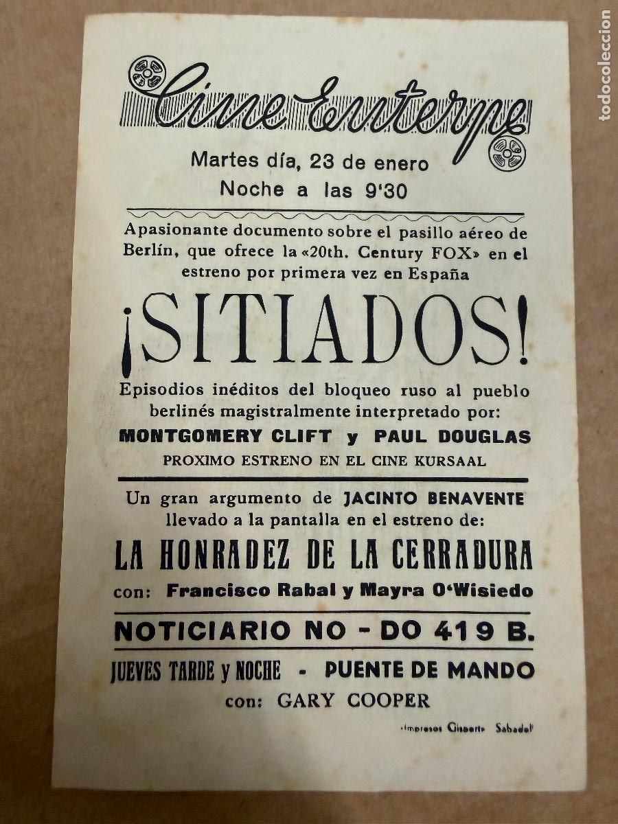 Cine: SITIADOS. Mide unos 13x8cms. Antiguo programa de cine - Foto 2
