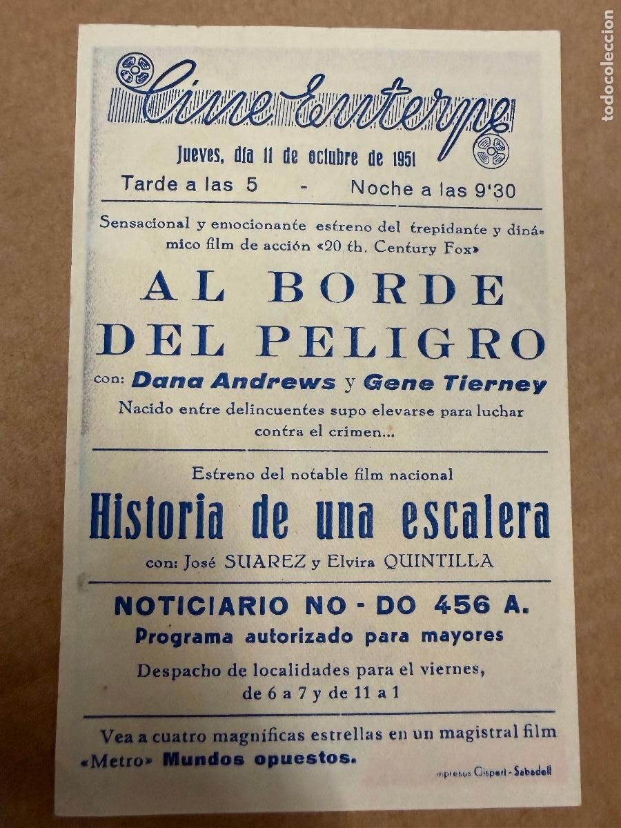 Cine: AL BORDE DEL PELIGRO. Mide unos 13x8cms. Antiguo programa de cine - Foto 2