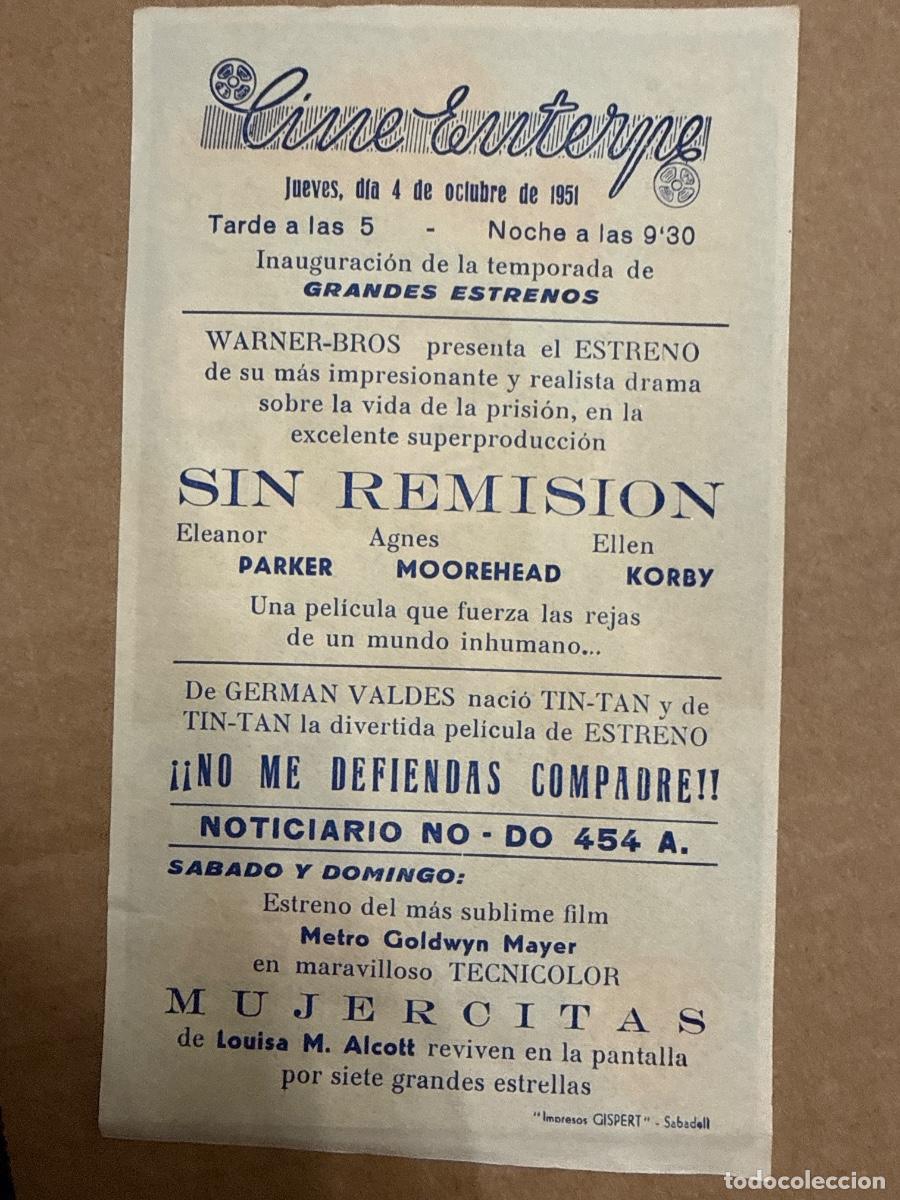 Cine: SIN REMISION. Mide unos 17x9,5cms. Antiguo programa de cine - Foto 2
