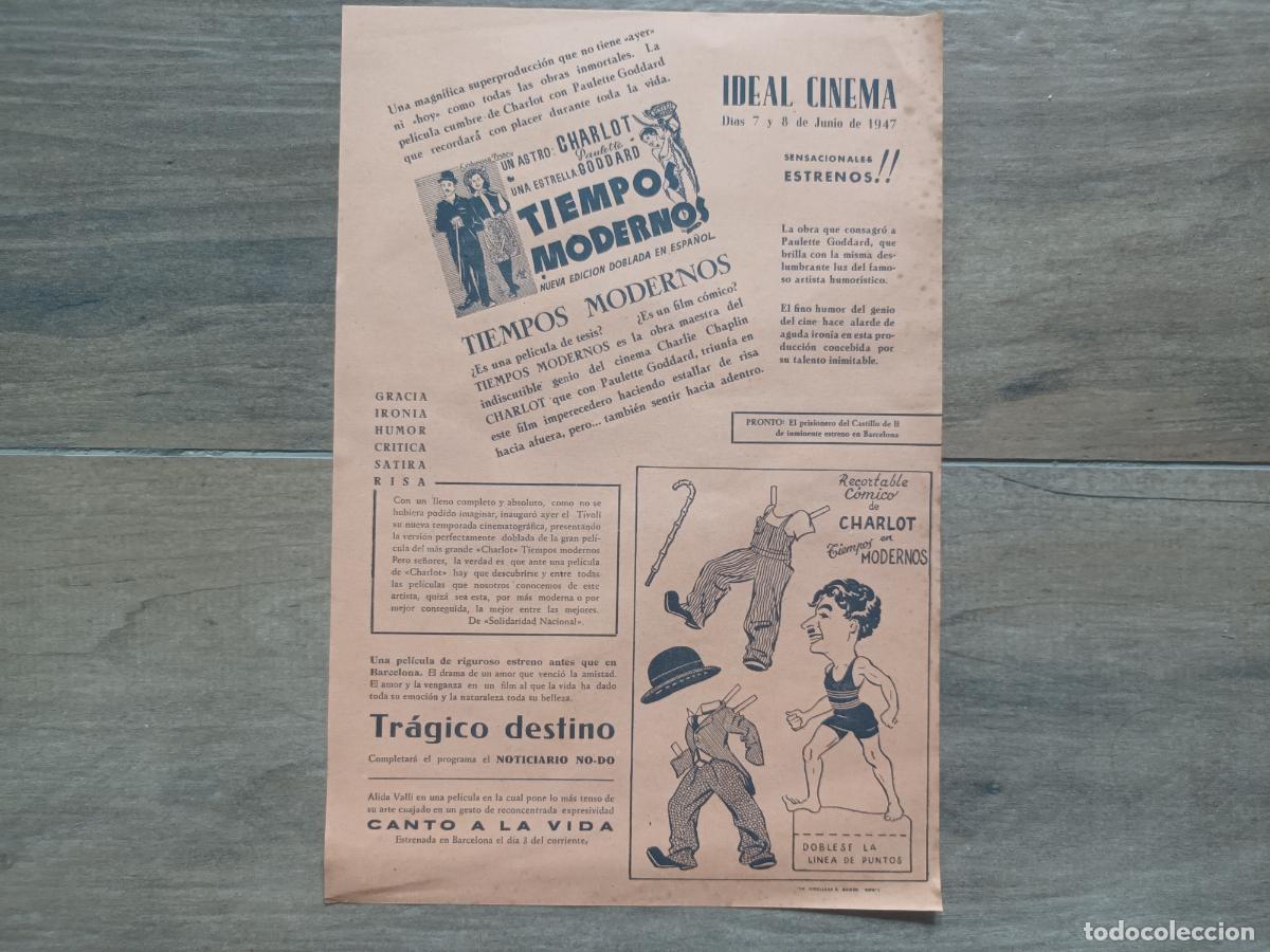 Cine: PROGRAMA CINE CHARLOT CHARLES CHAPLIN TIEMPOS MODERNOS. RECORTABLE IDEAL CINEMA RIPOLL Imp Ripollesa