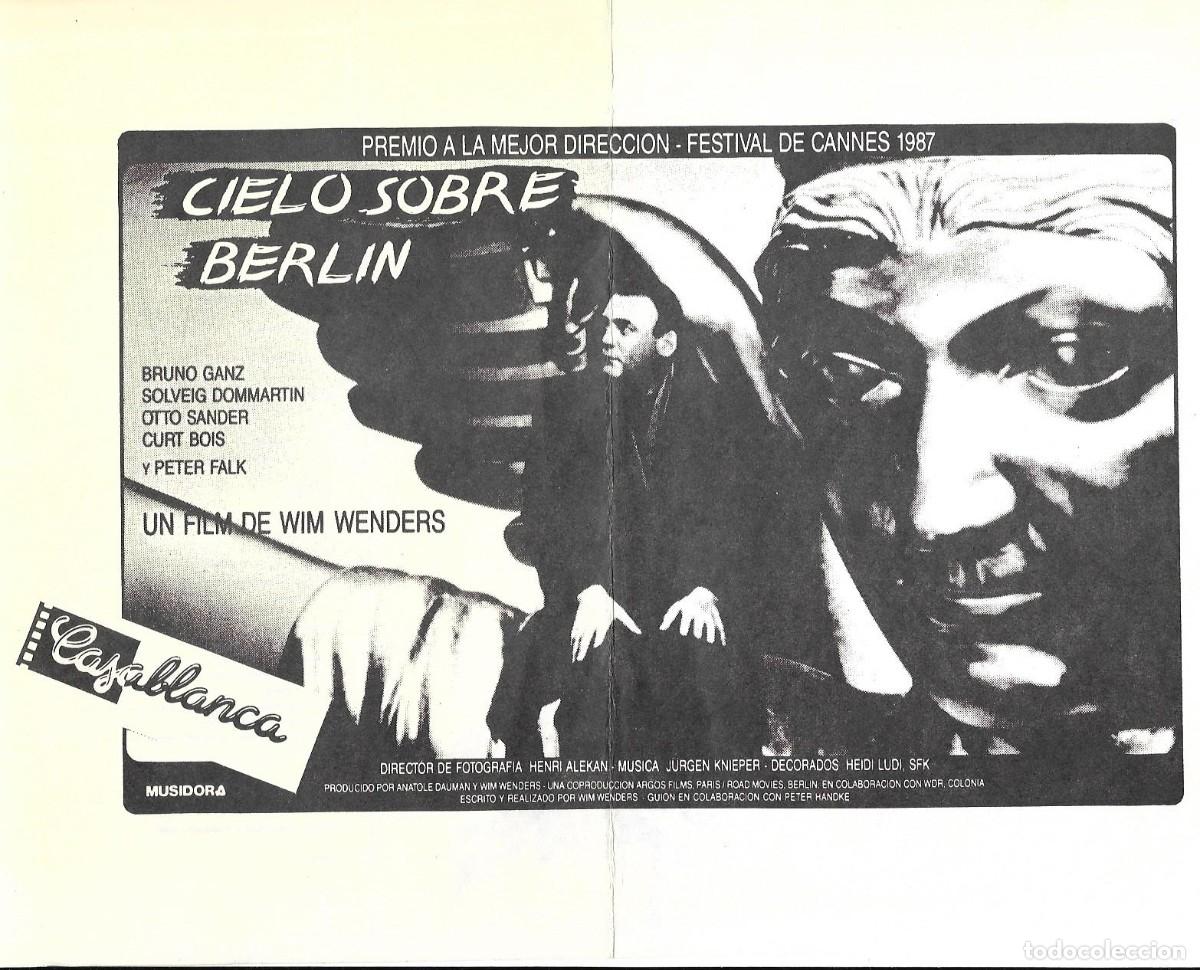Cine: Folleto de cine &rdquo;Cielo sobre Berl&iacute;n&rdquo; de Wim Wenders. Cine Casablanca, Barcelona 1988