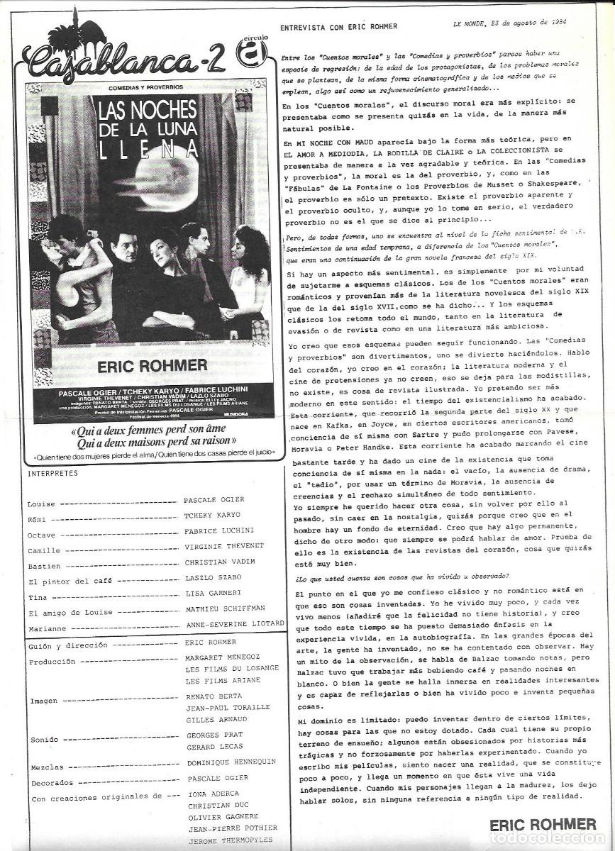 Cine: Folleto de cine &rdquo;Las noches de la luna llena&rdquo; y &rdquo;La noche de Varennes&rdquo; Cine Casablanca, BCN 1985