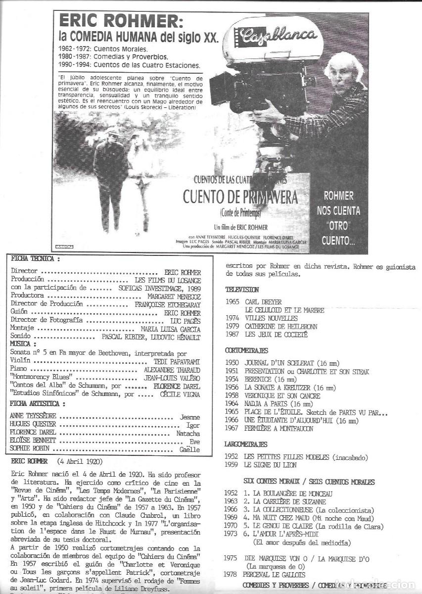 Cine: Folleto de cine &rdquo;Cuento de primavera&rdquo; de E. Rohmer Cine Casablanca, BCN 1989