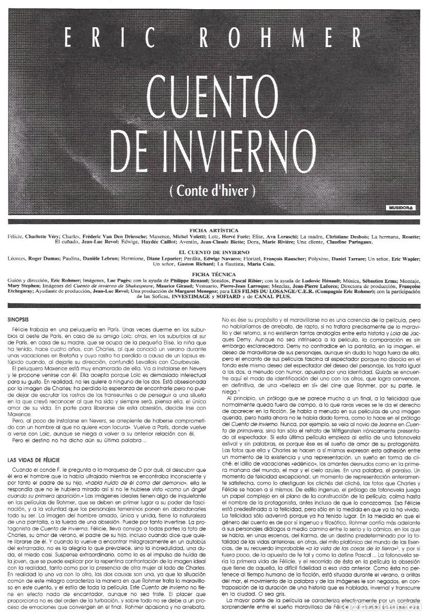 Cine: Folleto de cine &rdquo;Cuento de invierno&rdquo; de Eric Rohmer Cine Casablanca, BCN 1992.