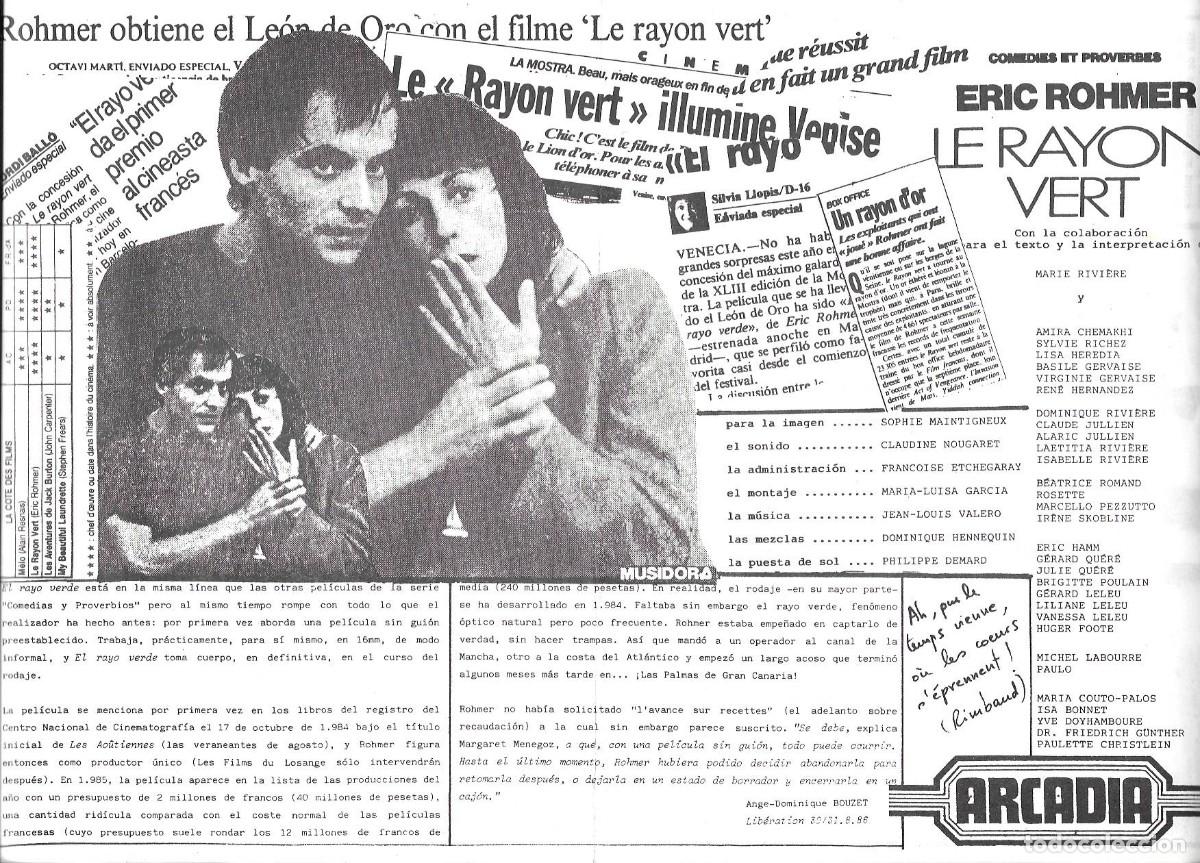Cine: Folleto de cine &rdquo;Le Rayon Vert&rdquo;(El Rayo verde) de Eric Rohmer Cine Arcadia, BCN 1985