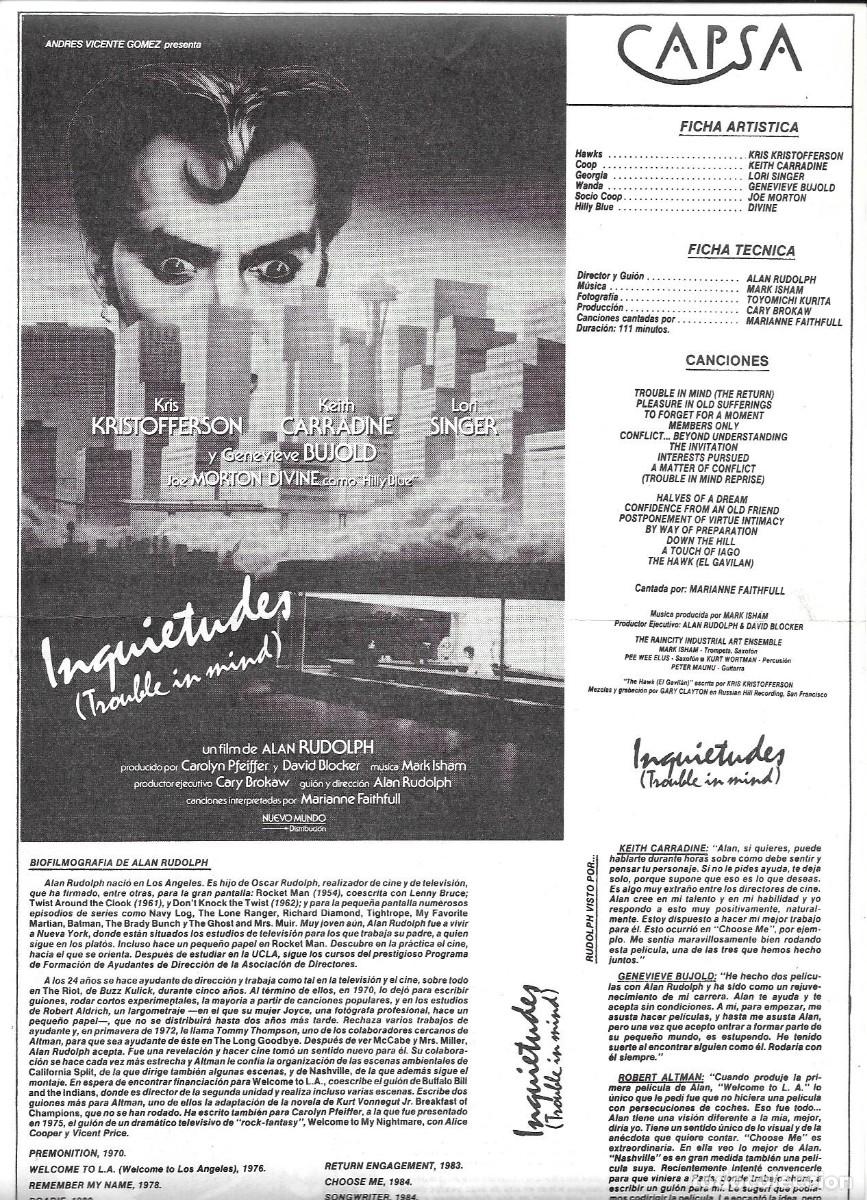 Cine: Folleto de cine &rdquo;Trouble in mind&rdquo; (Inquietudes) Cine CAPSA, Barcelona 1986