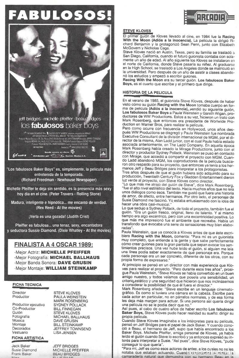Cine: Folleto de cine &rdquo;Los fabulosos Baker Boys&rdquo; Cine Arcadia, Barcelona 1990