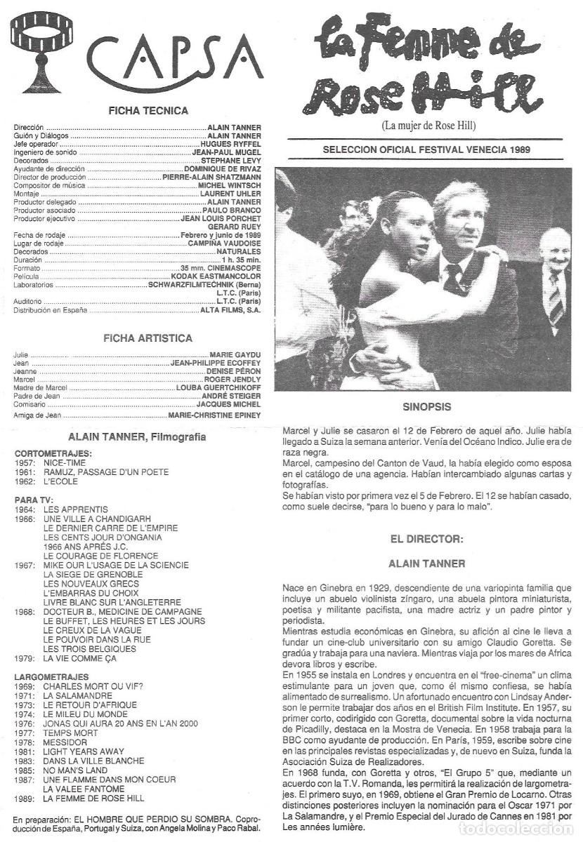 Cine: Folleto de cine &rdquo;La femme de Rose Hill&rdquo; A. Tanner, 1989. Cine CAPSA, Barcelona 1990.