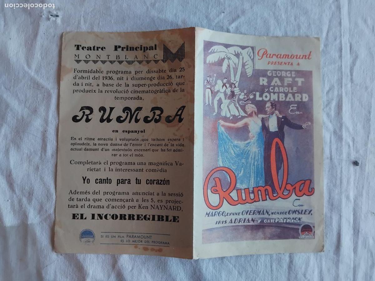 Cine: PROGRAMA DE CINE DOBLE RUMBA. GEORGE RAFT Y CAROLE LOMBARD. TEATRE PRINCIPAL MONTBLANC.