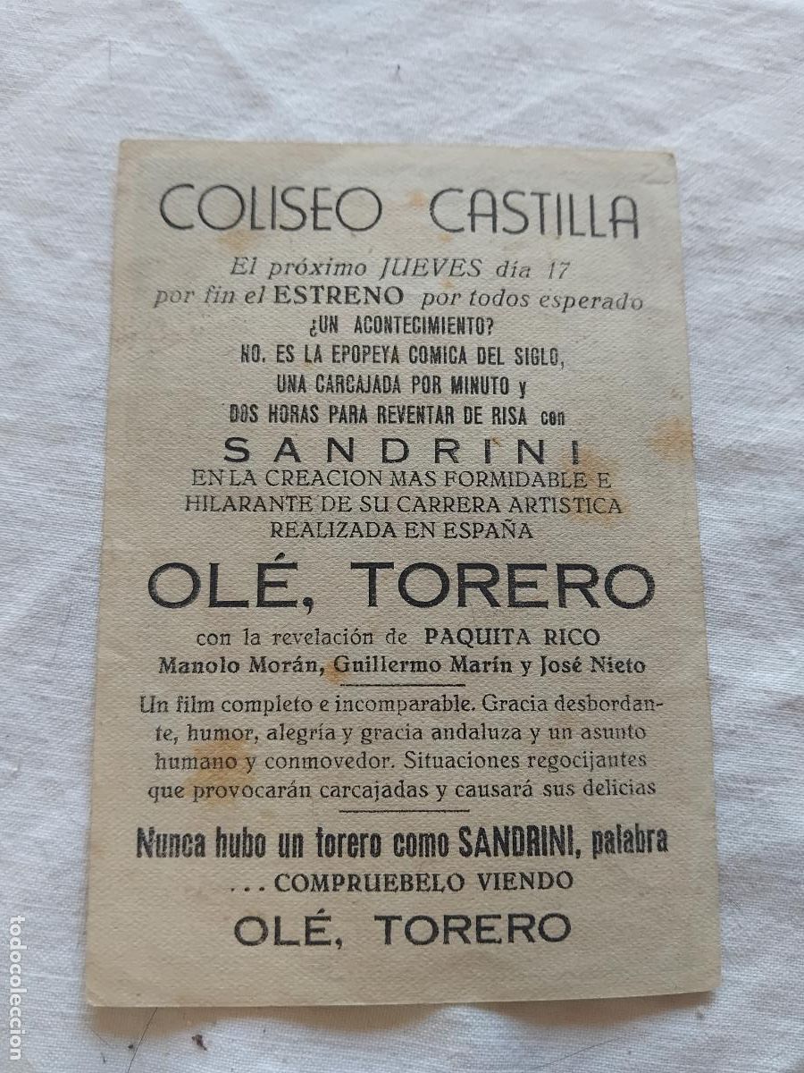 Cine: PROGRAMA DE CINE LUIS SANDRINI EN OLE TORERO. COLISEO CASTILLA. - Foto 2