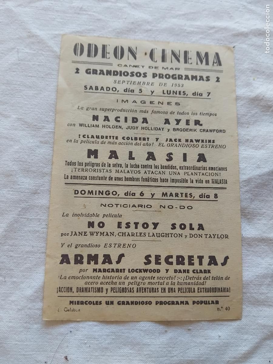 Cine: PROGRAMA DE CINE MALASIA. ODEON CINEMA. CANET DE MAR 1953. - Foto 2